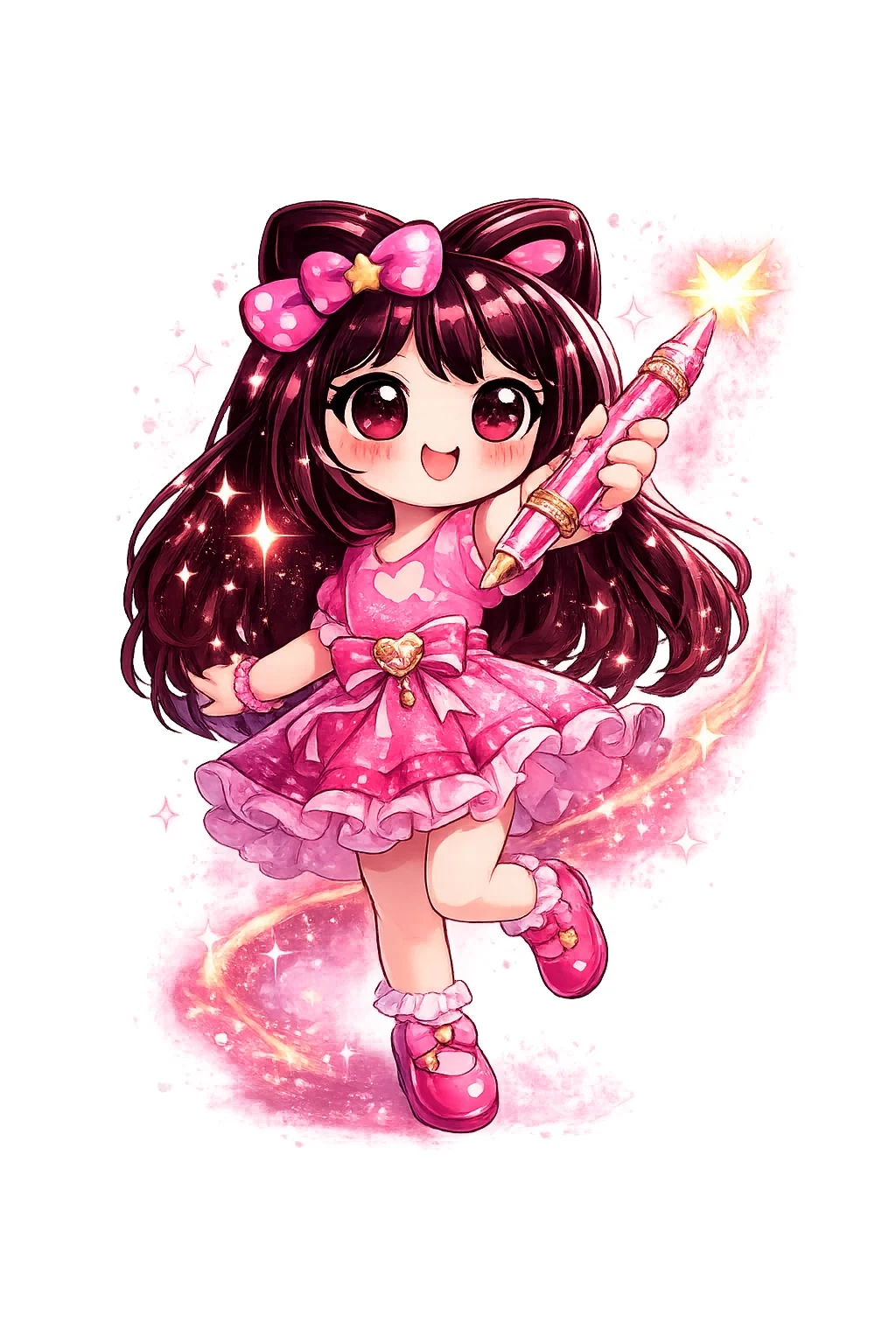 Baby Cheeky holding a pink pen